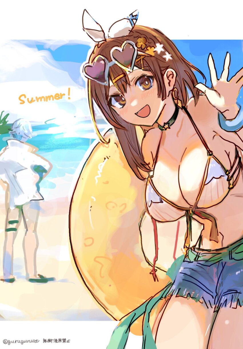 1boy, 1girl, atelier_(series), atelier_ryza, beach, bikini, blue_shorts, breasts, brown_eyes, brown_hair, cleavage, cowboy_shot, denim, denim_shorts, heart, heart-shaped_eyewear, highres, large_breasts, le21day, medium_hair, ocean, reisalin_stout, sand, shorts, solo_focus, sunglasses, swimsuit, white_bikini