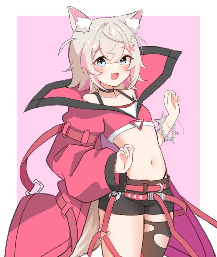 :3, animal_ear_fluff, animal_ears, bakedmonogamy, bare_shoulders, black_shorts, blonde_hair, blue_eyes, border, coat, collarbone, cosplay, cowboy_shot, crop_top, dog_ears, dog_girl, dog_tail, evil_twin_ki-sikil, evil_twin_ki-sikil_(alternate_art), evil_twin_ki-sikil_(cosplay), fang, flat_chest, highres, hololive, hololive_english, ki-sikil_(yu-gi-oh!), loli, mococo_abyssgard, multicolored_hair, official_alternate_costume, open_mouth, pink_background, pink_hair, red_coat, shirt, shorts, simple_background, single_thighhigh, skin_fang, streaked_hair, tail, thighhighs, torn_clothes, torn_thighhighs, two-tone_hair, virtual_youtuber, white_border, white_shirt, yu-gi-oh!