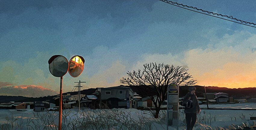 1boy, bag, banakotakemaru, bare_tree, blue_sky, building, commentary_request, highres