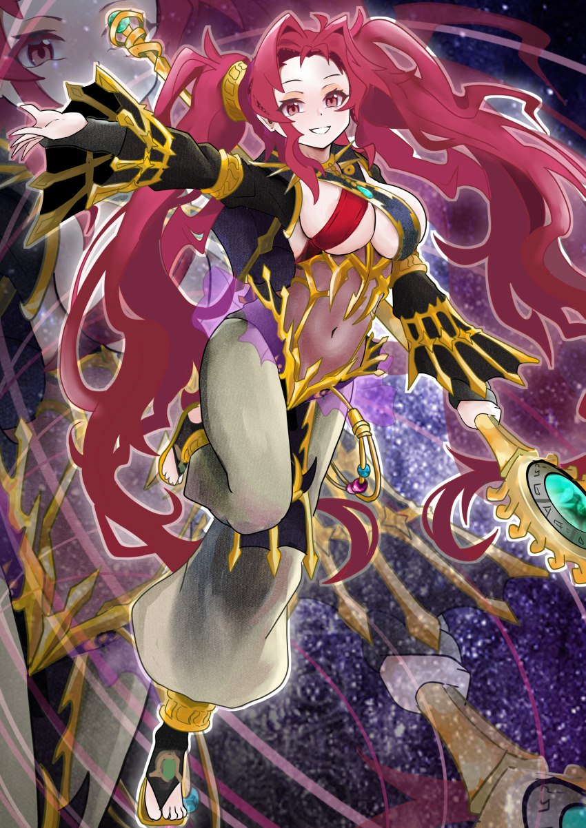 1girl, absurdres, breasts, covered_navel, detached_sleeves, duel_monster, emilia_(yu-gi-oh!), emilia_dance_priestess_of_the_nekroz, forehead, full_body, gishki_emilia, grin, highres, holding, holding_staff, large_breasts, red_eyes, red_hair, see-through_clothes, smile, solo, staff, standing, standing_on_one_leg, twintails, underboob, xzon_(chai_z), yu-gi-oh!, zoom_layer