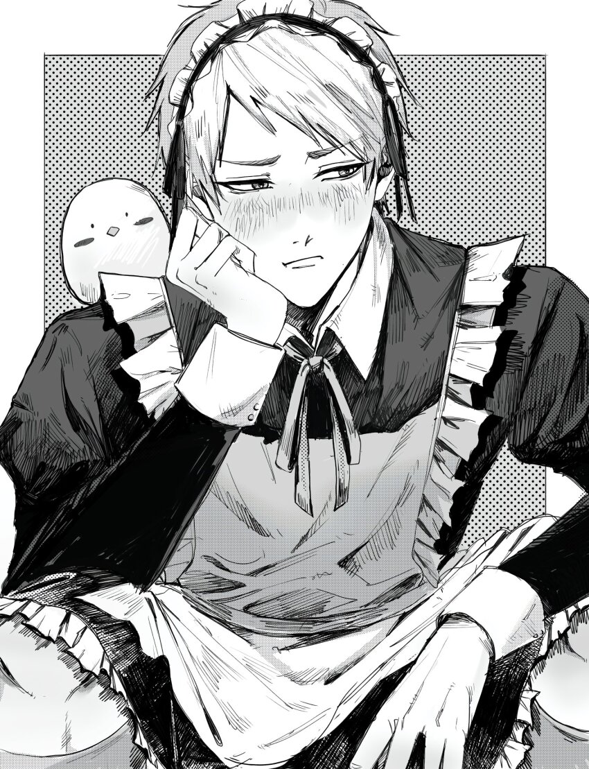 1boy, alternate_costume, apron, axis_powers_hetalia, baby_animal, beak, benishake8, bird, blush, chick, closed_mouth, collared_dress, commentary_request, crossdressing, crossdressing_(mtf), dress, enmaided, frills, greyscale, hand_on_own_face, hand_up, highres, juliet_sleeves, long_sleeves, looking_afar, maid, maid_headdress, male_focus, male_maid, monochrome, neck_ribbon, outside_border, polka_dot, polka_dot_background, prussia_(hetalia), puffy_sleeves, ribbon, short_hair, socks, squatting