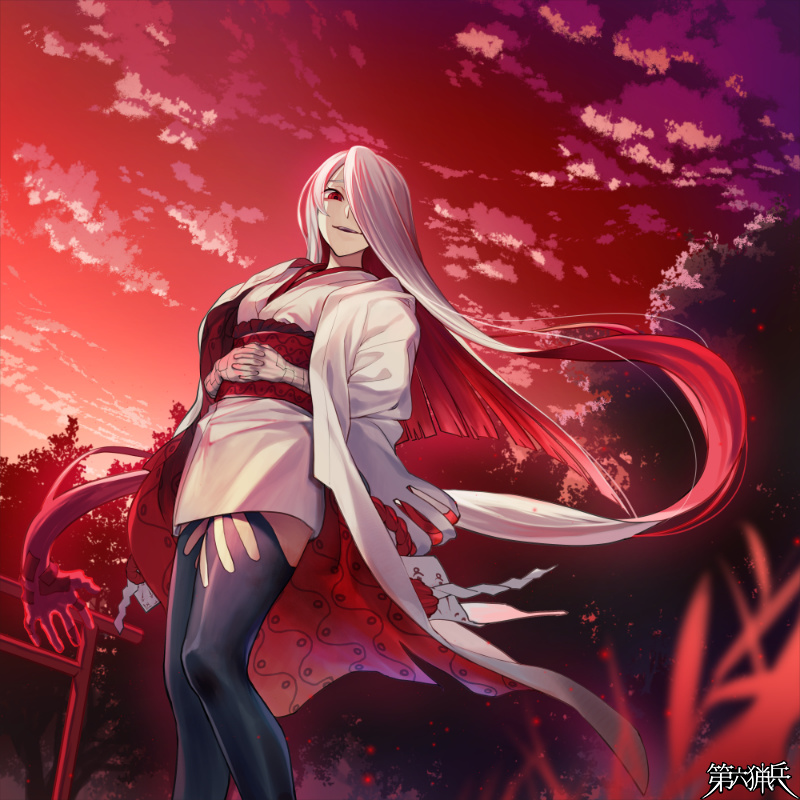 1girl, black_thighhighs, cloud, colored_inner_hair, dairoku_ryouhei, hair_over_one_eye, japanese_clothes, kimono