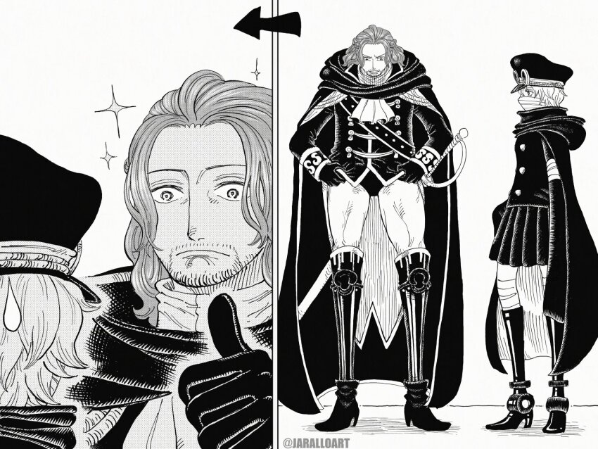 1boy, 1girl, ascot, beard_stubble, black_boots, black_cape, black_gloves, black_male_underwear