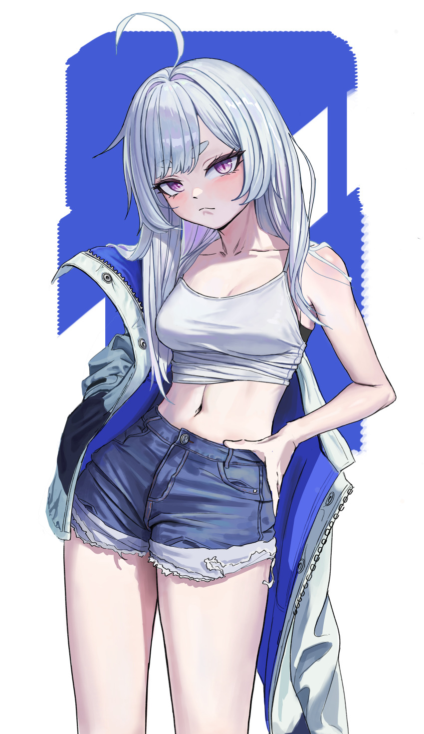 1girl, absurdres, ahoge, black_bra, blue_jacket, blue_shorts, bra, breasts, camisole, closed_mouth, clothes_lift, cutoffs, denim, denim_shorts, grey_hair, hahtte, hand_on_own_hip, highres, jacket, long_hair, looking_at_viewer, medium_breasts, midriff, navel, off_shoulder, open_clothes, open_jacket, pink_eyes, shirt_lift, short_eyebrows, short_shorts, shorts, sirian_rain, slit_pupils, solo, stomach, underwear, virtual_youtuber, waktaverse, white_camisole, white_jacket, zipper