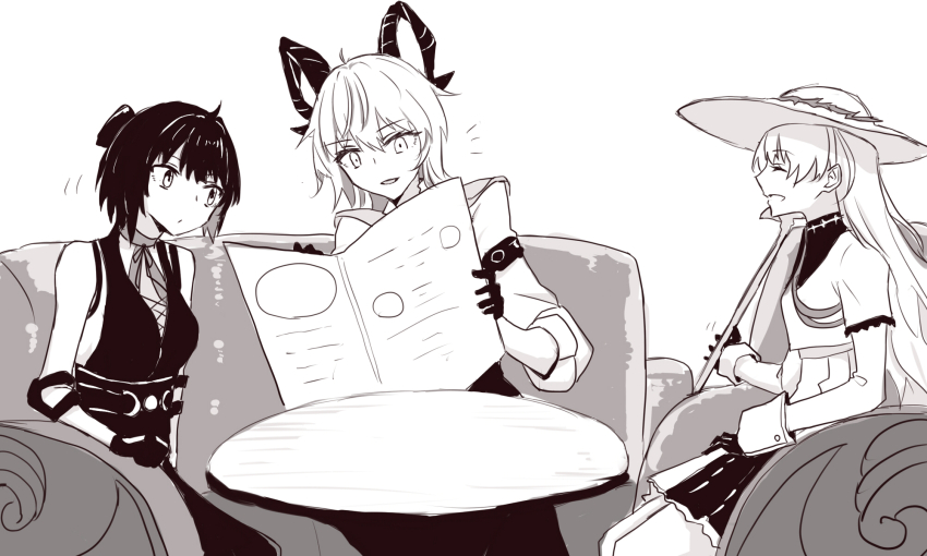 3girls, armband, ars, bare_shoulders, collar, commentary_request, cross-laced_clothes, cross-laced_dress