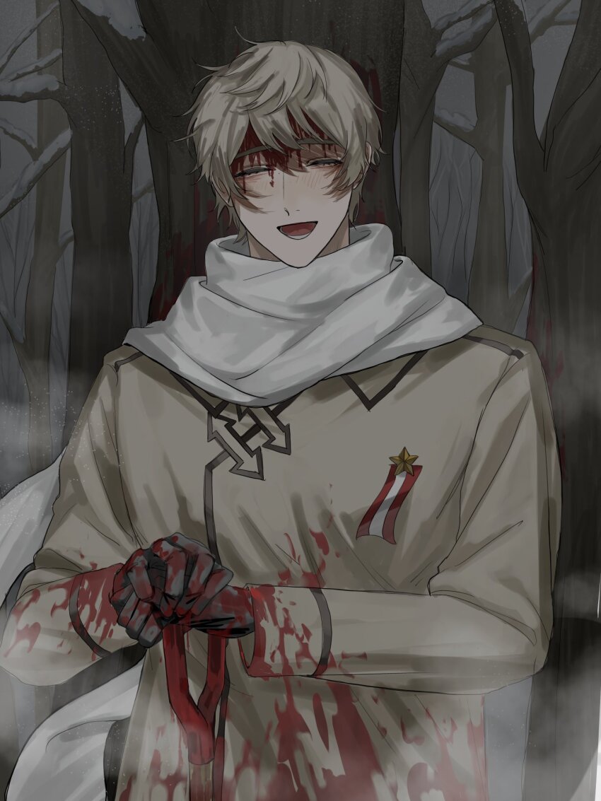 1boy, axis_powers_hetalia, benishake8, black_gloves, blonde_hair, blood, blood_on_clothes, blood_on_face