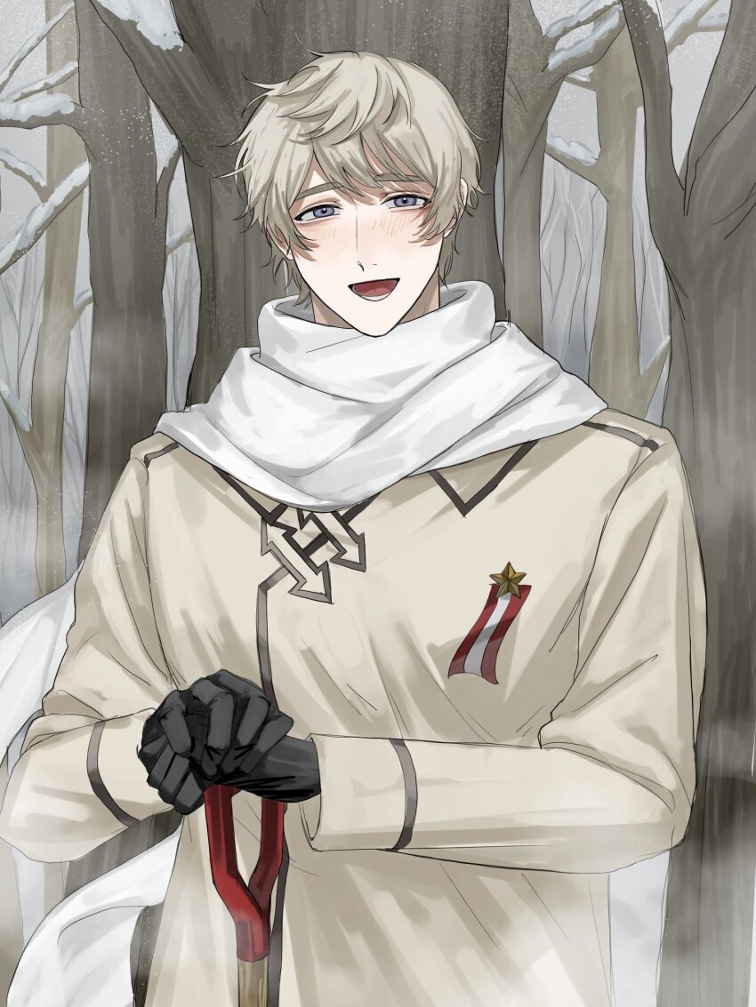 1boy, axis_powers_hetalia, benishake8, black_gloves, blonde_hair, blush, branch, coat