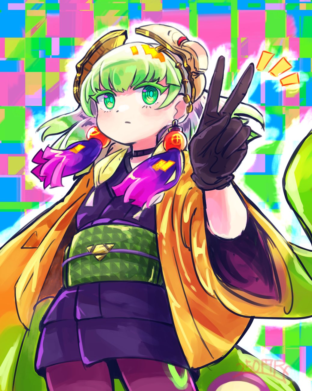 1girl, 250en_remon, black_gloves, checkered_background, cowboy_shot, duel_monster, ear_piercing, expressionless