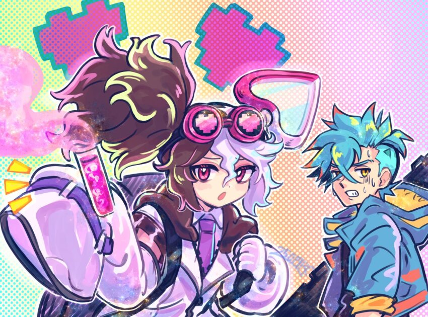 1boy, 1girl, 250en_remon, asymmetrical_sleeves, black_hair, blue_hair, blue_jacket, duel_monster