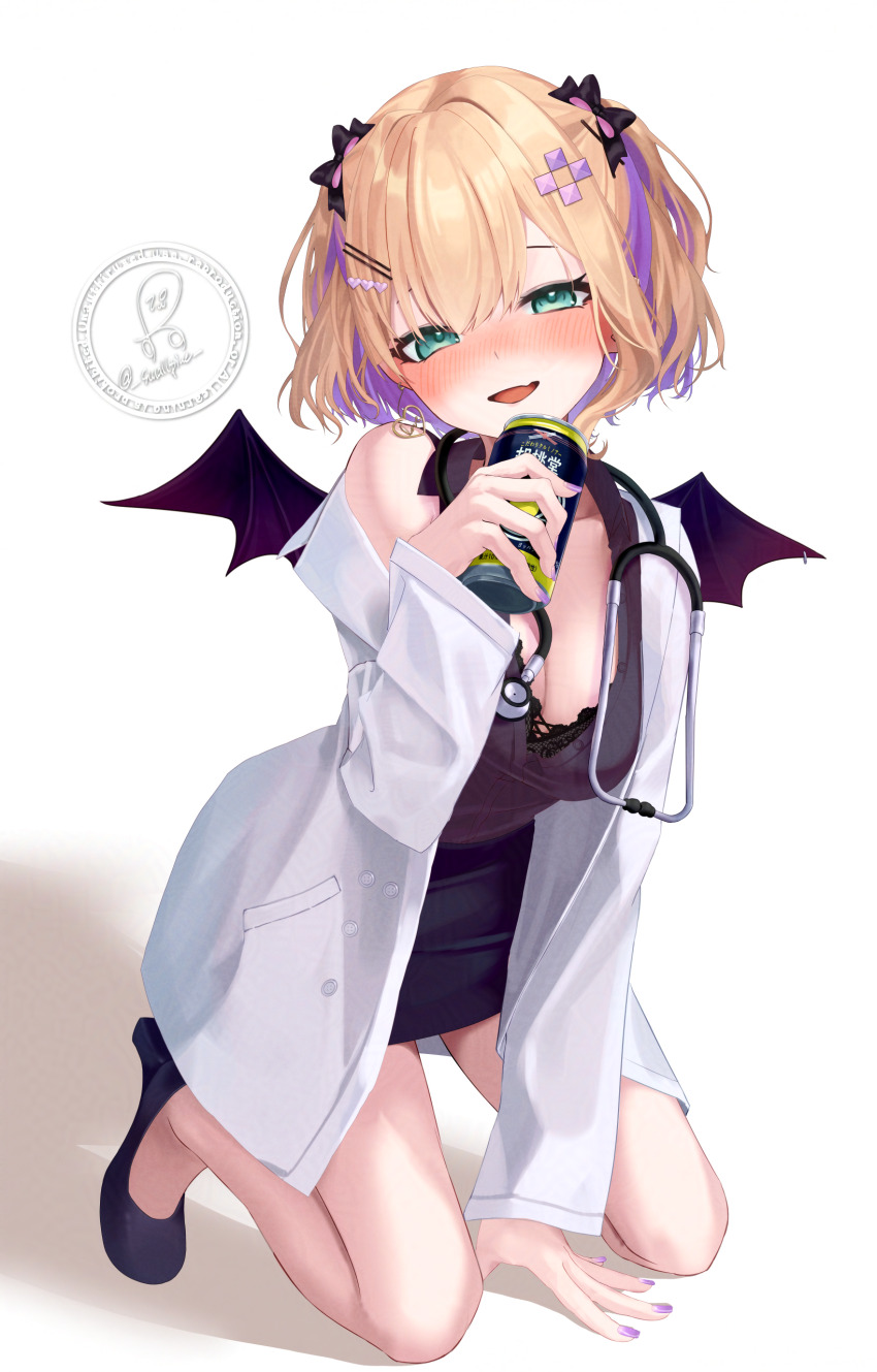 1girl, absurdres, adversarial_noise, black_bow, black_bra, blonde_hair, blue_high_heels, blue_skirt