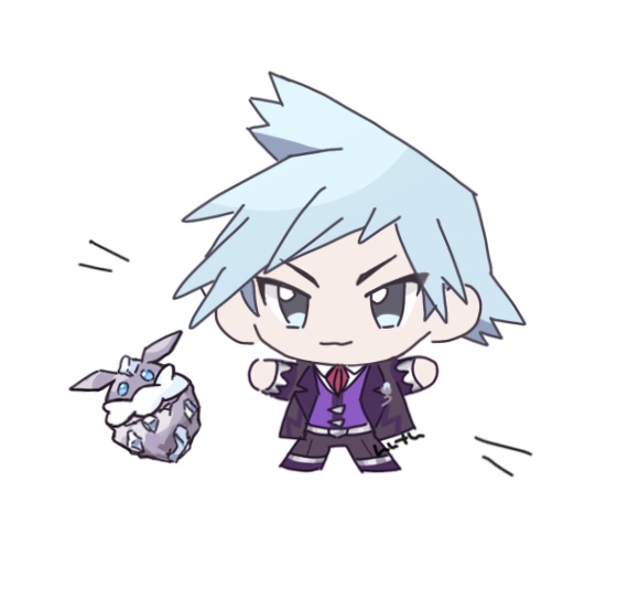 1boy, 6l226, blue_hair, carbink, chibi, closed_mouth, collared_shirt, gen_6_pokemon