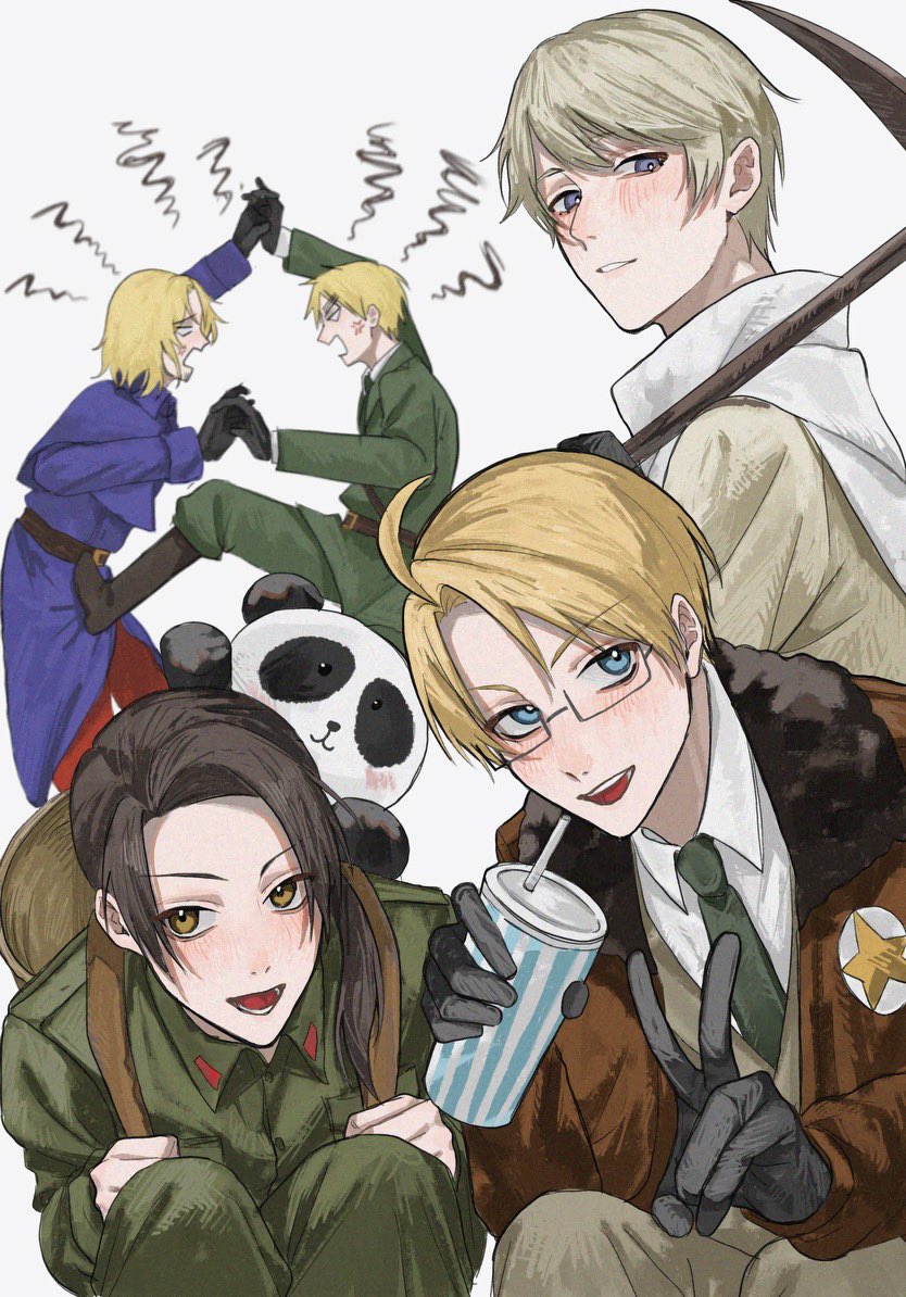 5boys, ahoge, america_(hetalia), anger_vein, angry, animal, animal_ears, axis_powers_hetalia, baggy_pants, belt, benishake8, black-framed_eyewear, black_boots, black_gloves, black_hair, blonde_hair, blue_eyes, blush, boots, brown_belt, brown_eyes, brown_jacket, brown_pants, brown_vest, capelet, china_(hetalia), coat, collared_capelet, collared_jacket, collared_shirt, commentary_request, cup, disposable_cup, drinking_straw, fighting, france_(hetalia), from_side, fur-trimmed_jacket, fur_trim, glasses, gloves, green_jacket, green_necktie, green_pants, hands_up, holding, holding_cup, holding_hands, holding_scythe, jacket, long_hair, long_sleeves, looking_at_another, looking_at_viewer, low_ponytail, male_focus, military_jacket, military_uniform, multiple_boys, necktie, open_clothes, open_jacket, open_mouth, panda, panda_ears, pants, ponytail, puffy_long_sleeves, puffy_sleeves, purple_capelet, purple_eyes, purple_jacket, red_pants, russia_(hetalia), scarf, screaming, scythe, semi-rimless_eyewear, shirt, short_hair, sidelocks, simple_background, smile, squatting, standing, standing_on_one_leg, star_(symbol), star_print, teeth, united_kingdom_(hetalia), v, vest, white_background, white_scarf, white_shirt, yellow_coat