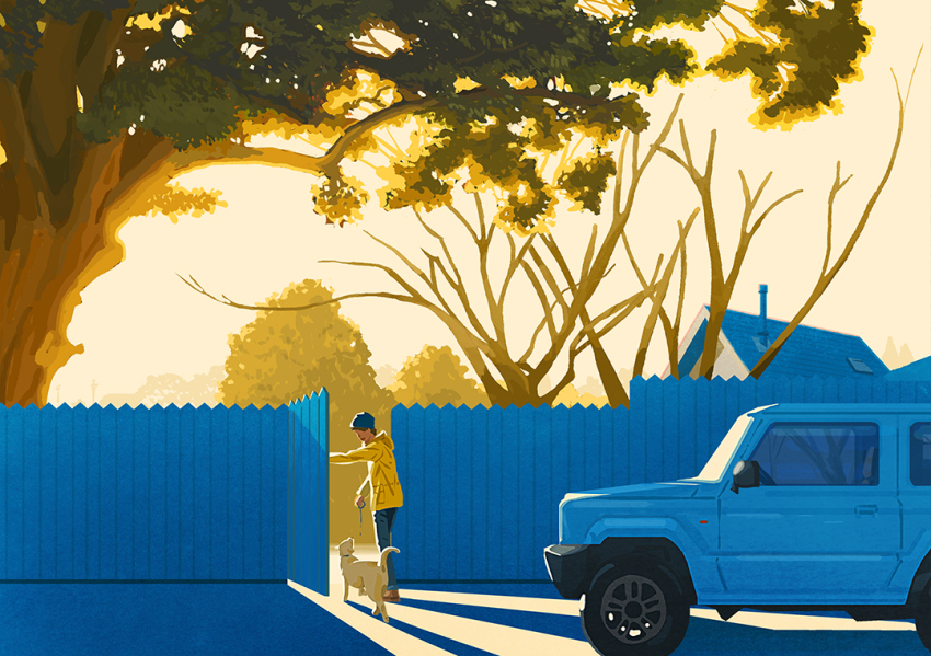 1boy, animal, bare_tree, beanie, blue_hat, building, car, chimney