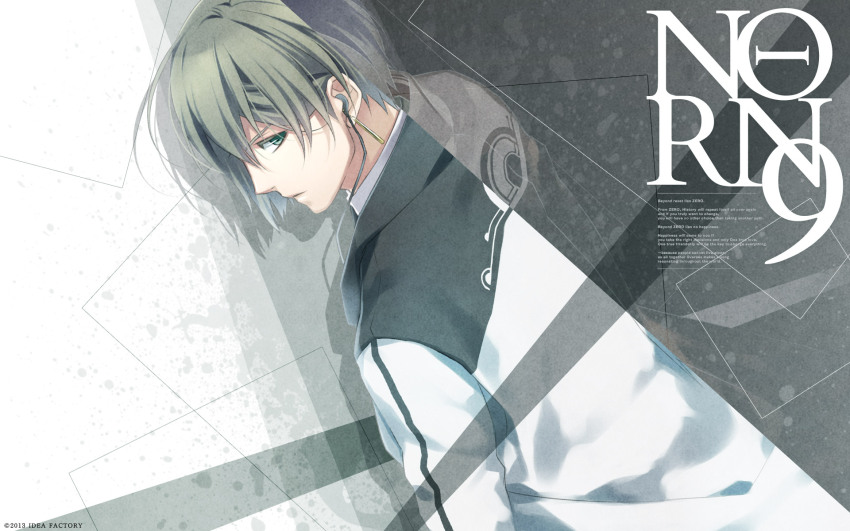 1boy, artist_request, closed_mouth, collared_shirt, earbuds, earphones, english_text, from_behind, green_eyes, hair_behind_ear, hair_between_eyes, highres, jacket, long_sleeves, looking_back, male_focus, natsuhiko_azuma, norn9, official_art, official_wallpaper, profile, scan, shadow, shirt, short_hair, sideways_glance, solo, third-party_source, white_jacket, white_sleeves