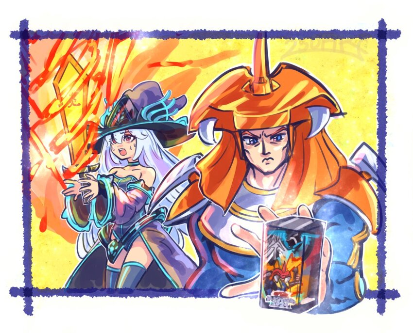 1boy, 1girl, 250en_remon, blue_eyes, blue_leotard, duel_monster, fire, flame_swordsman, flaming_sword, flaming_weapon, hat, holding, holding_sword, holding_weapon, krishnerd_witch, leotard, male_focus, nervous, red_eyes, sweat, sword, thighhighs, weapon, white_hair, witch_hat, yu-gi-oh!, zettai_ryouiki