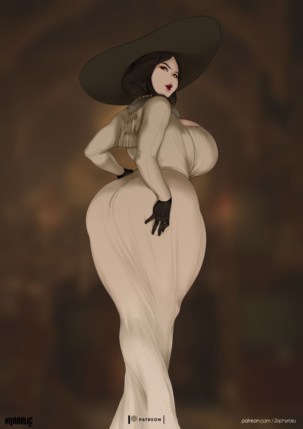 1girl, alcina_dimitrescu, ass, breasts, crossed_legs, dress, gloves, hat, highres, hijab, hijabolic, huge_ass, huge_breasts, nigaw, pale_skin, resident_evil, resident_evil_village, simple_background, solo, yellow_eyes