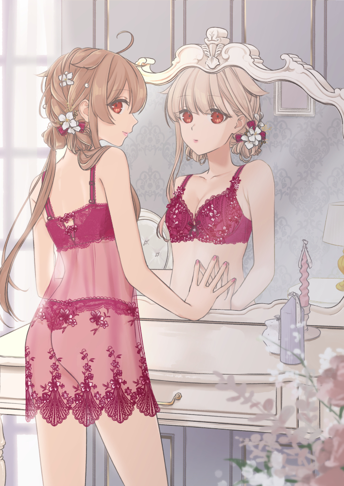 2girls, ahoge, alternate_hairstyle, babydoll, bra, brown_eyes, cowboy_shot, different_reflection