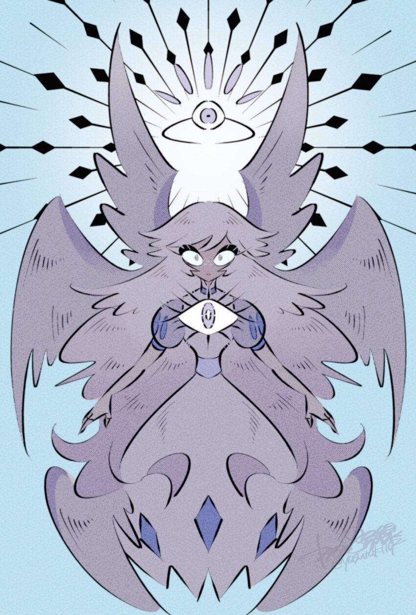 1girl, angel, angel_wings, blue_sclera, colored_sclera, colored_skin, commentary, dress