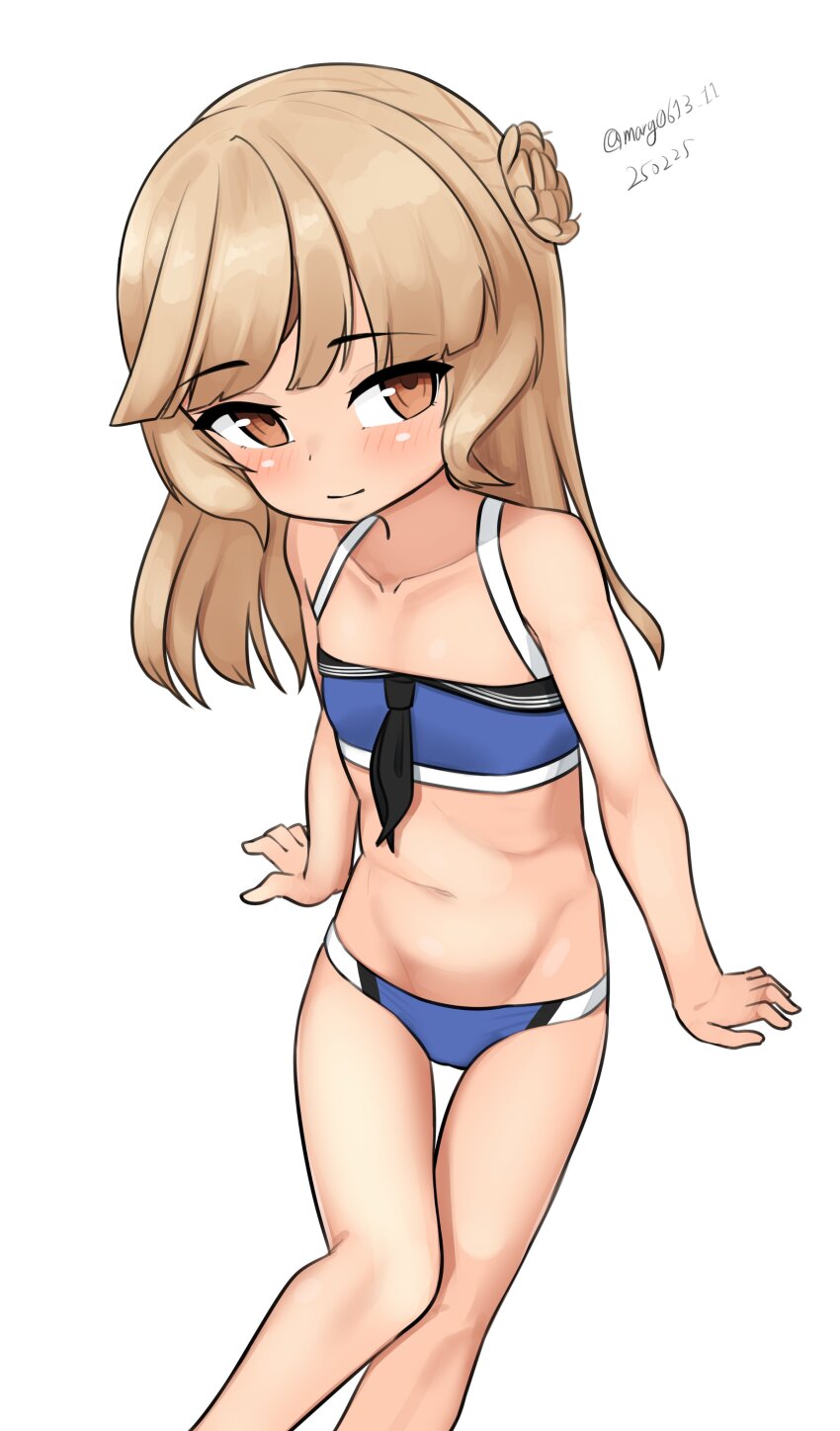 1girl, absurdres, aged_down, bikini, black_neckerchief, blonde_hair, blue_bikini, braid