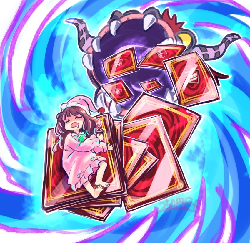 1girl, 250en_remon, barefoot, brown_hair, card, closed_eyes, dreaming_nemleria, duel_monster
