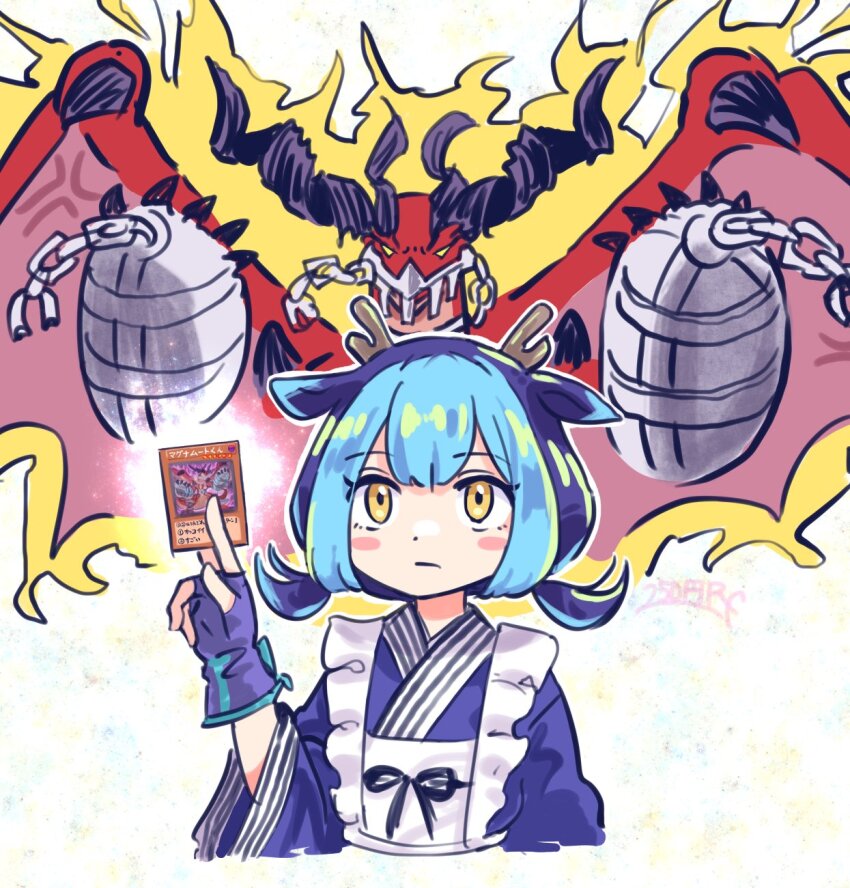1girl, 250en_remon, apron, blue_hair, blue_kimono, bystial_magnumhut, card, dragon, dragon_girl, dragon_horns, dragon_wings, duel_monster, fingerless_gloves, gloves, highres, holding, holding_card, horns, japanese_clothes, kimono, laundry_dragonmaid, looking_at_viewer, maid, solo, upper_body, wa_maid, white_background, wings, yellow_eyes, yu-gi-oh!