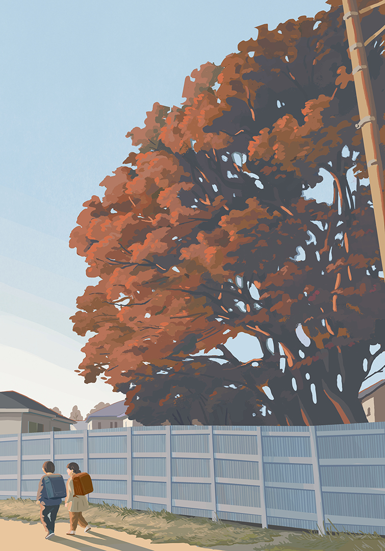 1boy, 1girl, autumn_leaves, backpack, bag, black_hair, blue_bag, blue_sky, building, child, faceless, fence, grass, house, izumitaki_arata, leaf, original, outdoors, randoseru, red_bag, scenery, shadow, sky, tree, utility_pole, walking, wide_shot