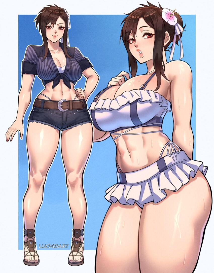 1girl, abs, artist_name, bare_legs, bare_shoulders, belt, bikini, bikini_skirt