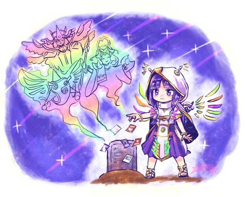 1boy, 250en_remon, 2girls, cape, card, comet, diviner_of_the_herald, duel_monster, elder_entity_n'tss, gameplay_mechanics, ghost, grave, herald_of_the_arc_light, multiple_girls, purple_eyes, purple_hair, robe, smile, tombstone, trias_hierarchia, white_hood, white_robe, yu-gi-oh!