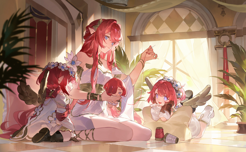 3girls, absurdres, ancient_greek_clothes, angel_wings, asymmetrical_footwear, bare_legs, bare_shoulders, black_boots, black_gloves, blue_eyes, boots, character_doll, chinese_commentary, commentary_request, curtains, doll, dress, gloves, greco-roman_clothes, head_wreath, highres, holding, holding_doll, holding_needle, honkai:_star_rail, honkai_(series), indoors, legs_apart, mismatched_footwear, multiple_girls, needle, pillow, pointy_ears, seiza, sewing, sewing_needle, sitting, symbol-shaped_pupils, trianne_(honkai:_star_rail), tribbie_(honkai:_star_rail), tribios_(honkai:_star_rail), trinnon_(honkai:_star_rail), wariza, white_boots, white_dress, winged_boots, wings, ye_xing_caomei
