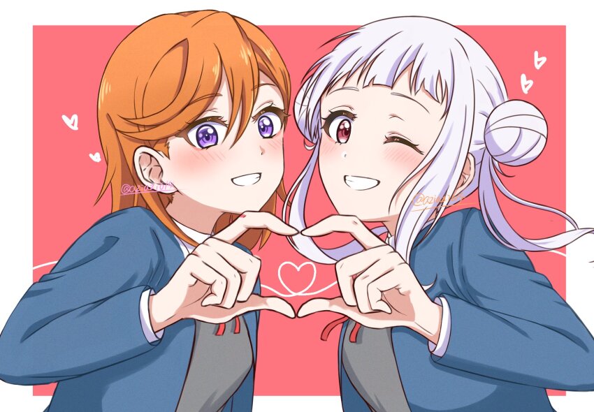 2girls, arashi_chisato, arched_bangs, aziazi014, border, commentary_request, double_bun, hair_bun, hand_up, heart, heart_hands, heart_hands_duo, highres, long_hair, long_sleeves, looking_at_viewer, love_live!, love_live!_superstar!!, multiple_girls, neck_ribbon, one_eye_closed, orange_hair, outside_border, purple_eyes, red_eyes, red_ribbon, ribbon, school_uniform, shibuya_kanon, sidelocks, smile, teeth, twitter_username, upper_body, white_border, white_hair, yuigaoka_school_uniform