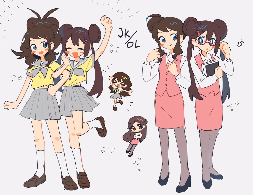 4girls, :d, arm_up, black_shoes, blue_eyes, blush_stickers, brown_hair, brown_shoes