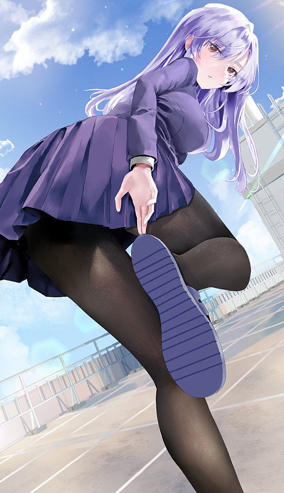 1girl, adjusting_footwear, black_pantyhose, blazer, day, eiai_nano, finfia, from_behind