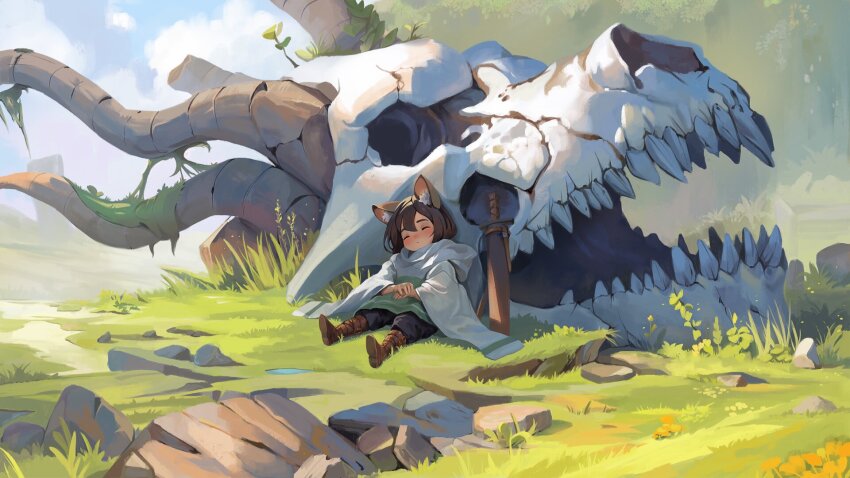 1girl, animal_ears, black_pants, blue_sky, blush, boots, brown_boots, celestra