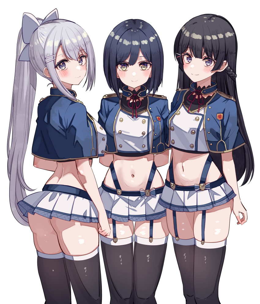 3girls, absurdres, alzano_school_uniform, ass, black_choker, black_hair, black_thighhighs, blue_capelet, blue_eyes, blue_garter_straps, blush, bow, braid, breasts, capelet, choker, closed_mouth, commission, crop_top, garter_straps, grey_eyes, grey_hair, hair_bow, highres, higuchi_kaede, long_hair, looking_at_viewer, medium_breasts, microskirt, midriff, multiple_girls, nanado_shion, navel, neck_ribbon, nijisanji, pixiv_commission, pleated_skirt, ponytail, red_ribbon, ribbon, rokudenashi_majutsu_koushi_to_akashic_record, school_uniform, shizuka_rin, short_hair, simple_background, skindentation, skirt, smile, standing, stomach, thigh_gap, thighhighs, tsukino_mito, very_long_hair, virtual_youtuber, white_background, white_bow, white_skirt, zettai_ryouiki