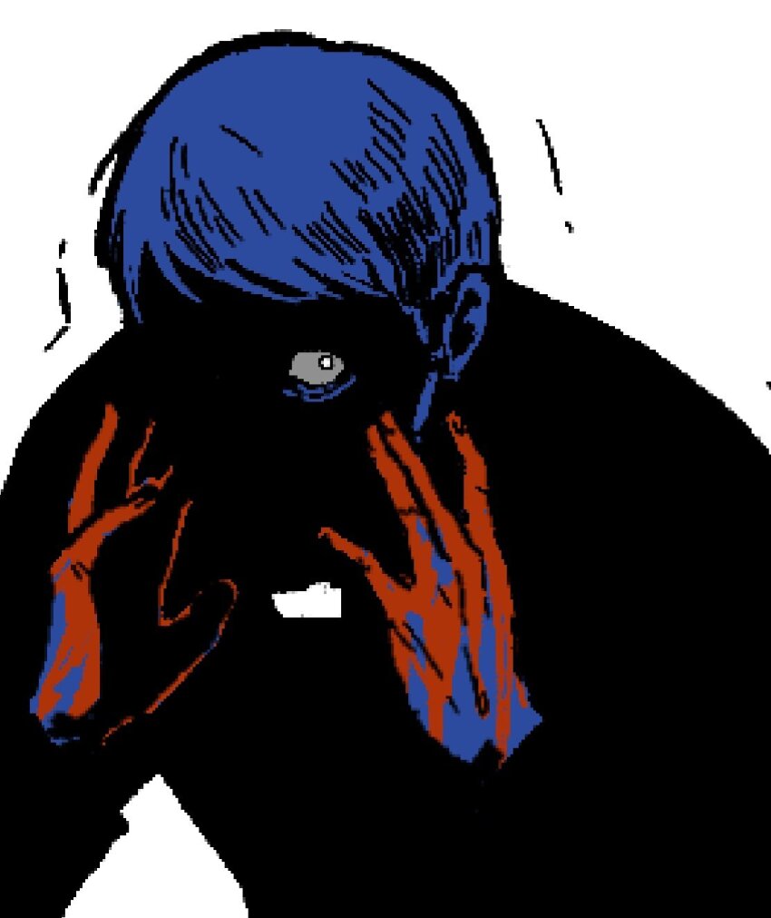 1boy, arms_up, bags_under_eyes, blood, blood_on_hands, commentary_request, faith_(game), highres