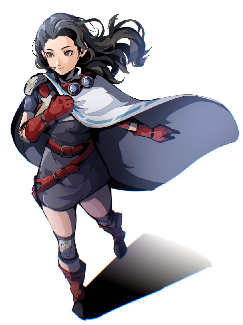 1girl, 4me3ba_niku, belt, black_dress, black_hair, boots, cape, closed_mouth