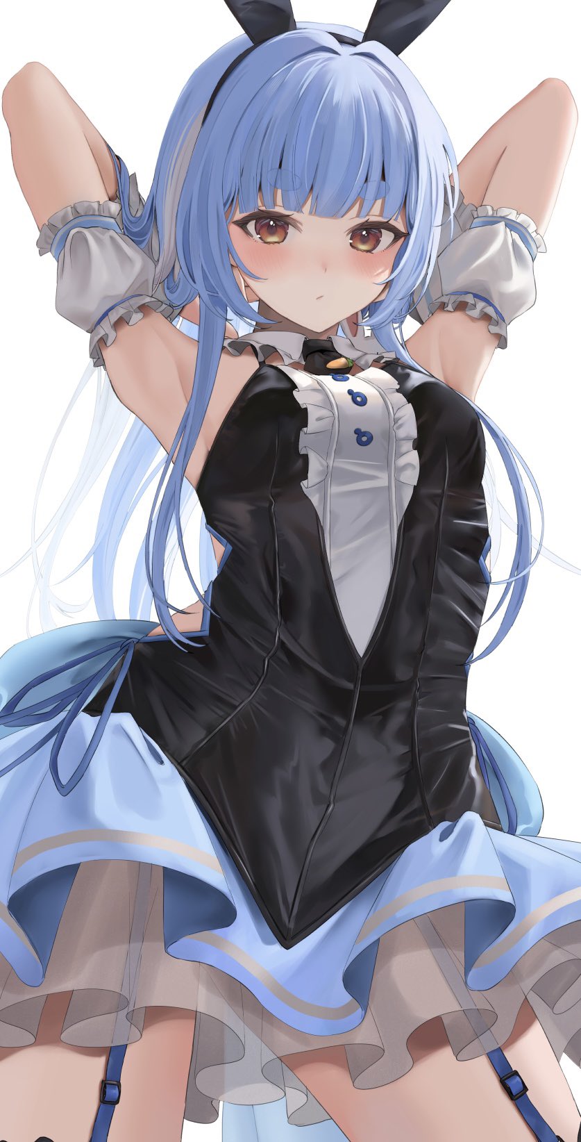 1girl, :/, animal_ear_hairband, animal_ears, armpits, arms_behind_head, bare_shoulders, black_leotard