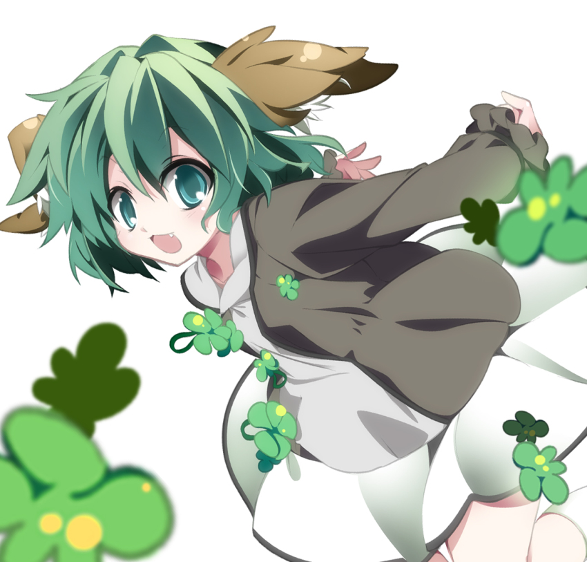 1girl, :3, alternate_color, animal_ears, aqua_eyes, clover, fang, female_focus