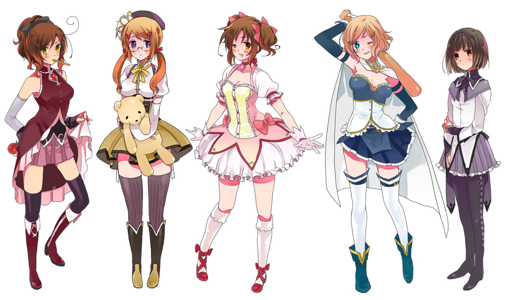 5girls, ahoge, akemi_homura, akemi_homura_(cosplay), akemi_homura_(magical_girl), alternate_costume, alternate_hairstyle, america_(female)_(hetalia)
