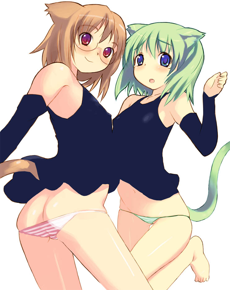 2girls, animal_ears, arumi, ass, blue_eyes, bottomless, brown_hair, butt_crack, camisole, cat_ears, cat_tail, detached_sleeves, elbow_gloves, glasses, gloves, green_hair, green_panties, leg_lift, lowleg, lowleg_panties, manika, monika, multiple_girls, original, panties, pink_panties, red_eyes, short_hair, standing, striped_clothes, striped_panties, tail, tank_top, tears, underwear