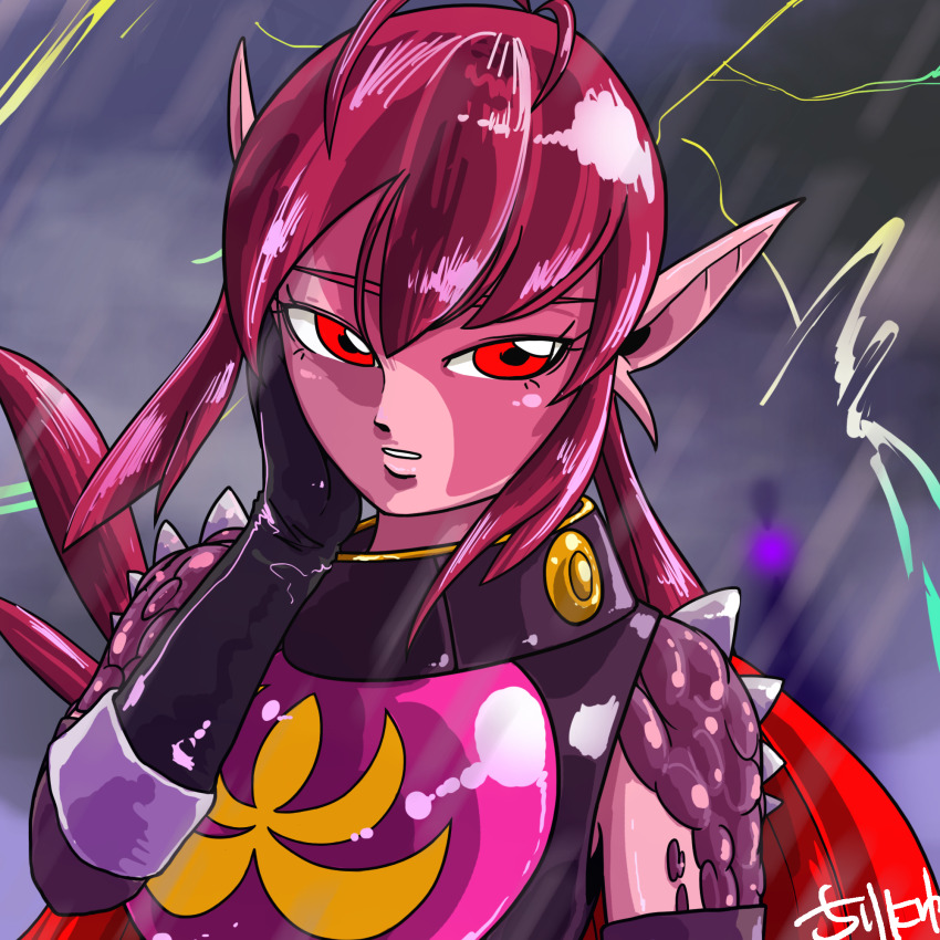 1girl, armor, black_gloves, cape, colored_skin, facial_mark, gloves, golden_sun