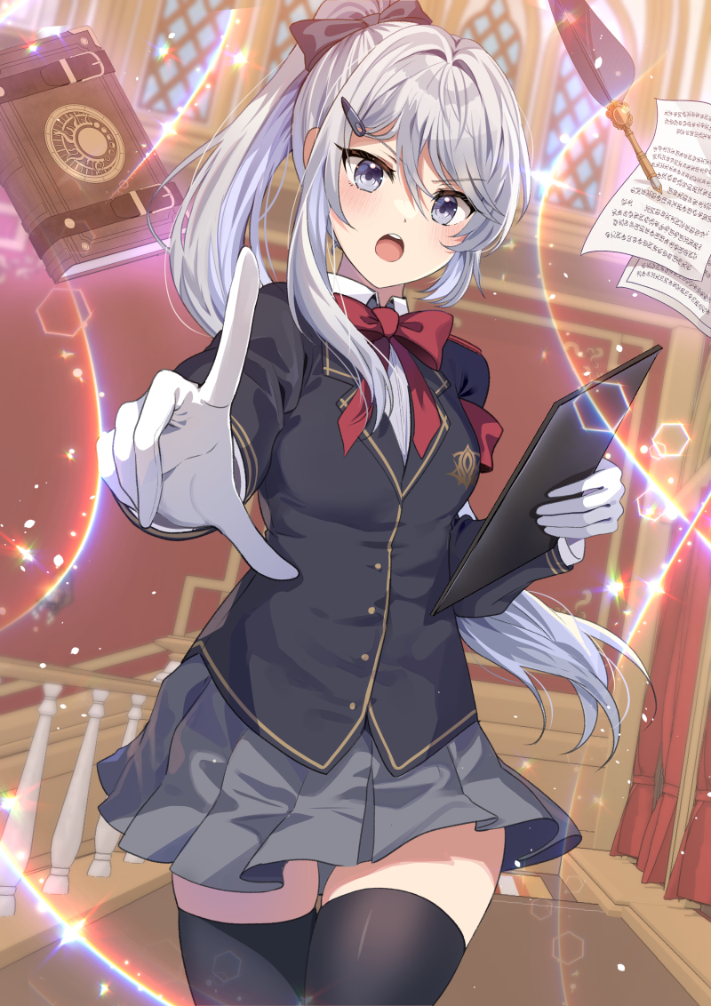 1girl, black_jacket, black_ribbon, black_thighhighs, blue_eyes, book, bow, chocho_(homelessfox)