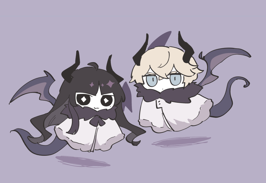 1boy, 1girl, :3, arknights, black_eyes, black_hair, blonde_hair, blue_eyes, bright_pupils, chibi, coat, commentary_request, demon_boy, demon_girl, demon_horns, demon_tail, demon_wings, executor_(arknights), executor_(gargoyle)_(arknights), floating, fur-trimmed_coat, fur_trim, horns, long_hair, looking_at_viewer, mole, mole_under_eye, purple_background, shadow, short_hair, simple_background, smile, soppos, tail, virtuosa_(arknights), virtuosa_(gargoyle)_(arknights), white_coat, white_pupils, wings