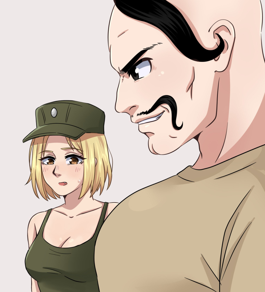 1boy, 1girl, blonde_hair, blush, brown_eyes, confused, cossack, cossack_(polish_anon), facial_hair, fang, highres, korzynka_persykiv, looking_at_another, looking_at_chest, pectorals, marichka, meme, muscular, muscular_male, mustache, original, sweatdrop, tank_top