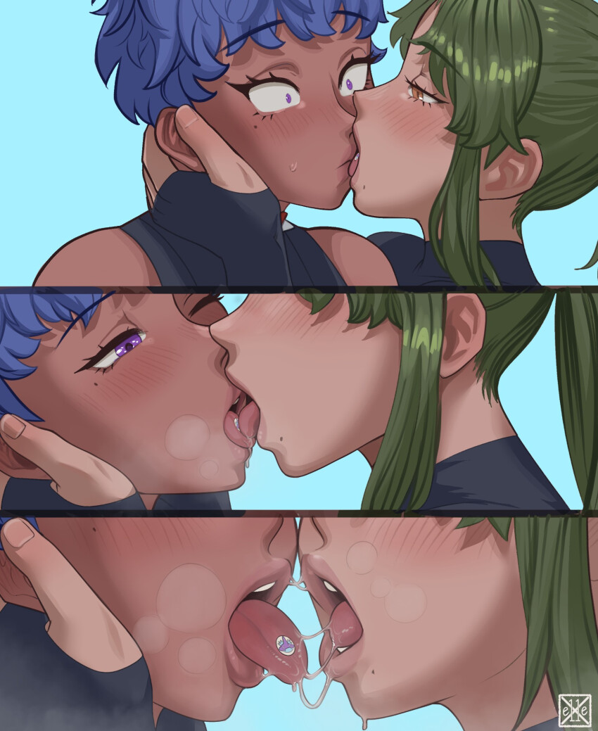 2girls, blue_hair, blush, borrowed_character, commentary, dark-skinned_female, dark_skin, drugs