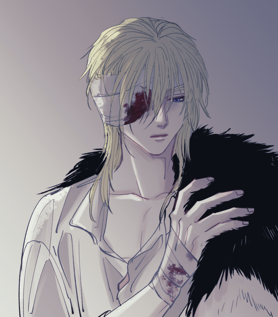 1boy, arm_up, bandage_over_one_eye, bandaged_hand, bandaged_head, bandages, black_fur, blonde_hair