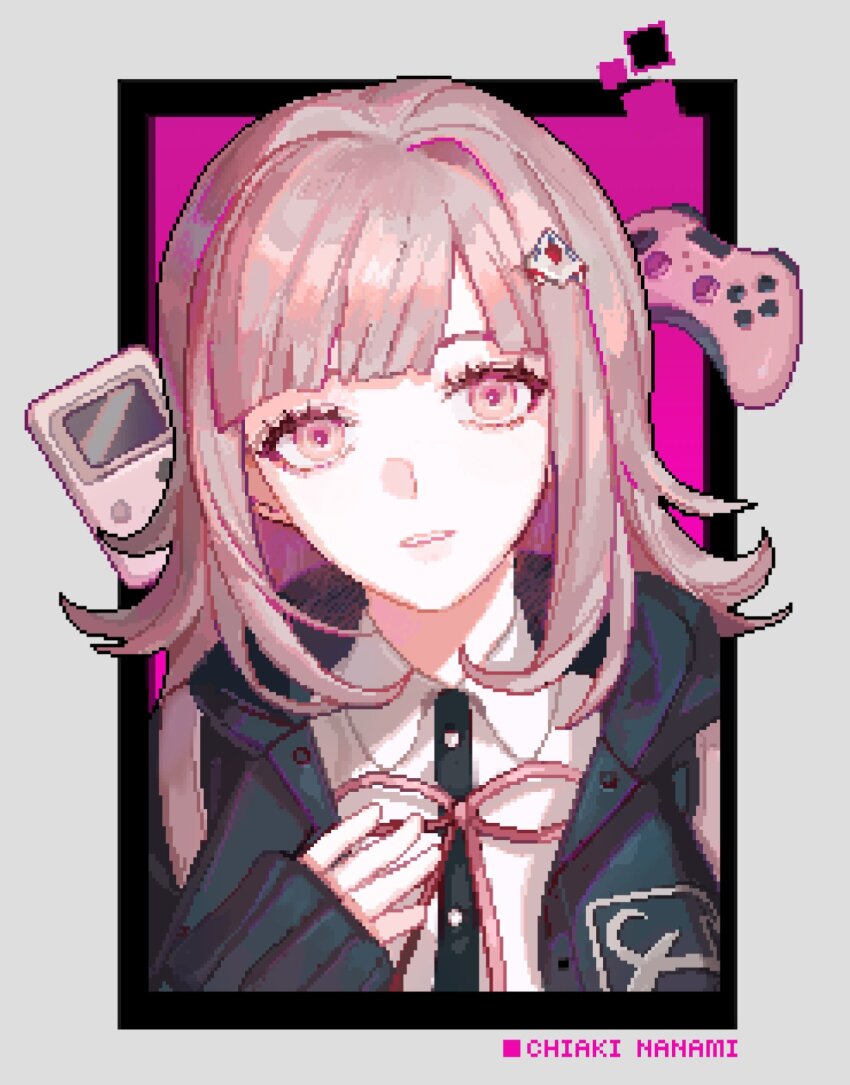 1girl, brown_hair, controller, danganronpa_(series), danganronpa_2:_goodbye_despair, game_boy, game_boy_(original), game_controller