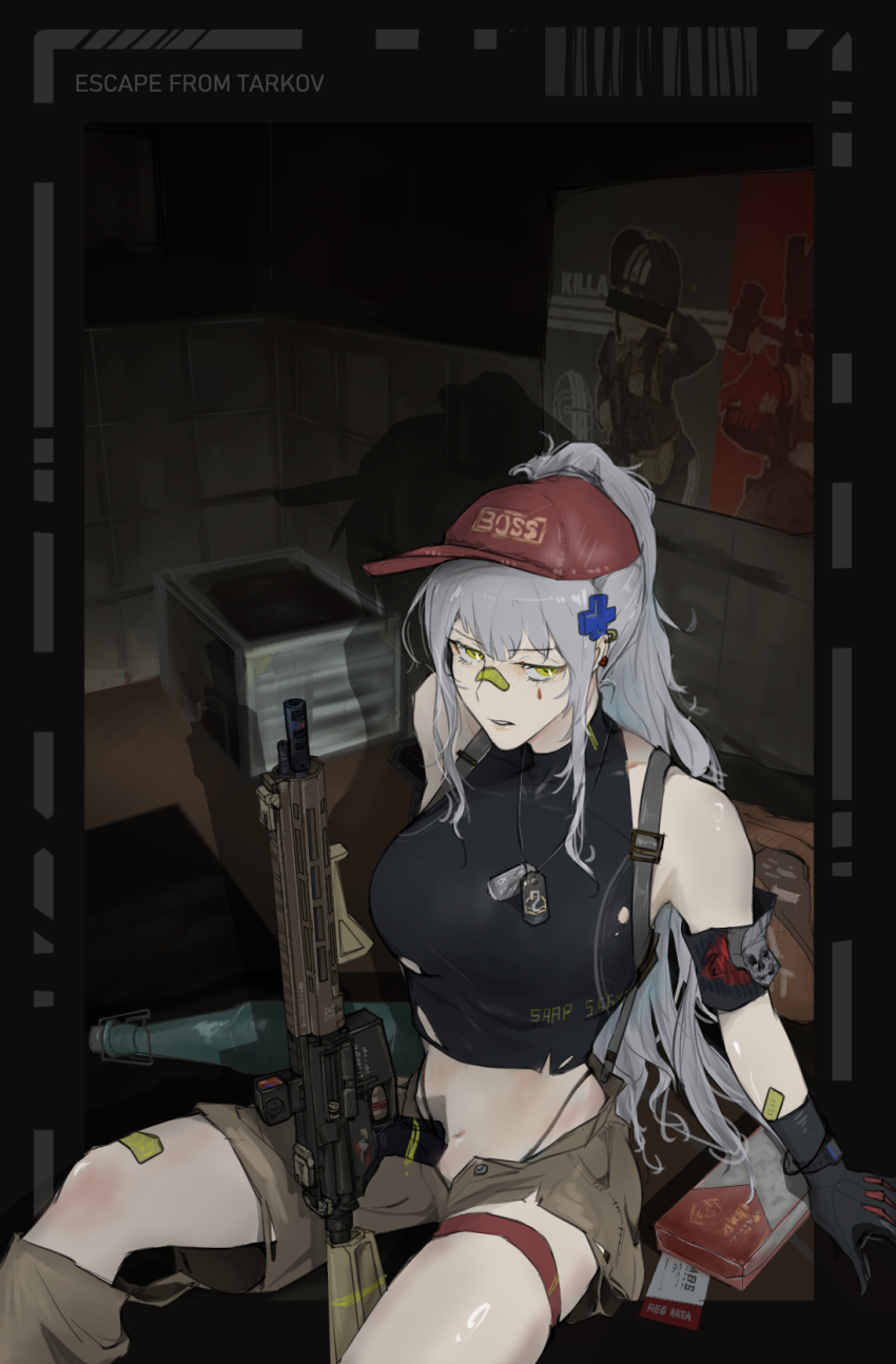 1girl, armband, assault_rifle, bandaid, bandaid_on_face, bandaid_on_nose, baseball_cap, black_gloves, black_shirt, blue_hair, breasts, brown_pants, crop_top, cross_hair_ornament, dog_tags, escape_from_tarkov, facial_mark, girls'_frontline, gloves, green_eyes, gun, h&amp;k_hk416, hair_ornament, hat, high_ponytail, highres, hk416_(girls'_frontline), holding, holding_gun, holding_weapon, indoors, klukai_(girls'_frontline_2), large_breasts, michaeliadalto9, navel, pants, parted_lips, ponytail, red_hat, rifle, shadow, shirt, sitting, skull_print, sleeveless, sleeveless_turtleneck, solo, teardrop_facial_mark, torn_clothes, torn_pants, torn_shirt, turtleneck, weapon