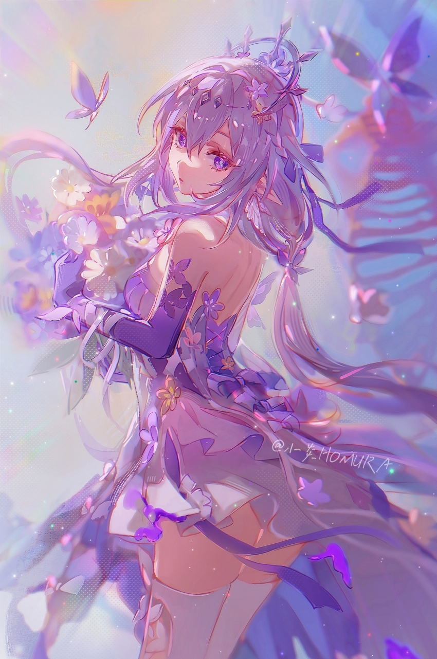 1girl, absurdres, back, backless_dress, backless_outfit, black_tiara, breasts, bug