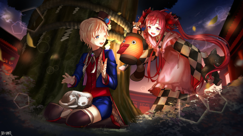 1boy, 1girl, :d, ;d, animal, animal_on_lap, architecture, black_hat, blonde_hair, blue_eyes, blue_jacket, blush, bolo_tie, cat, cat_on_lap, checkered_sleeves, dairoku_ryouhei, east_asian_architecture, flower, hair_flower, hair_ornament, hat, hat_flower, highres, jacket, kamishima_tw, lantern, leaning_forward, night, on_lap, one_eye_closed, open_mouth, outdoors, paper_lantern, purple_eyes, red_hair, red_vest, rope, shimenawa, short_hair, smile, stuffed_animal, stuffed_toy, twintails, vest, white_cat